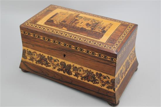 A Tunbridge Ware rosewood Penshurst Place mosaic tea caddy, attributed to Henry Hollamby, 9.5in.